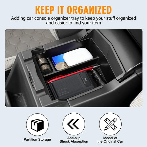 Subaru Forester Center Console Organizer 2025 2026 ABS Armrest Tray Insert for Premium Sport Limited Touring in use with items organized