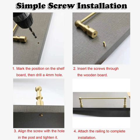 Step-by-step installation guide for Built Tough Solid Brass Shelf Rail Kit, showing screw placement and railing attachment.