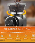Ollygrin Electric Conical Burr Coffee Grinder With Touch Panel And 30 Precise Settings For Uniform Grinding showing coffee beans pouring into the hopper.
