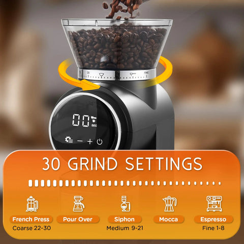 Ollygrin Electric Conical Burr Coffee Grinder With Touch Panel And 30 Precise Settings For Uniform Grinding showing coffee beans pouring into the hopper.