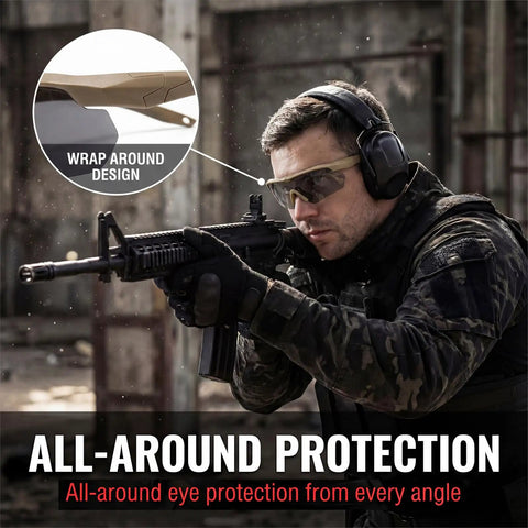 Outdoor Safety Shooting Glasses Anti Fog Tactical Goggles With 3 Interchangeable Lenses And Hard Case Lightweight Durable PC Frame Scratch Resistant All Day Comfort For Men And Women Khaki displayed on a person wearing tactical gear and aiming a rifle