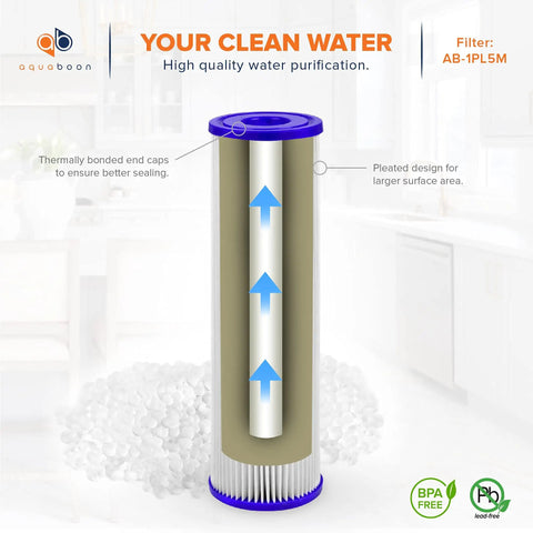 5 Micron Pleated Sediment Filter Cartridge for Whole House Well Water, 10x2.5 Inch Replacement Filter, diagram and features