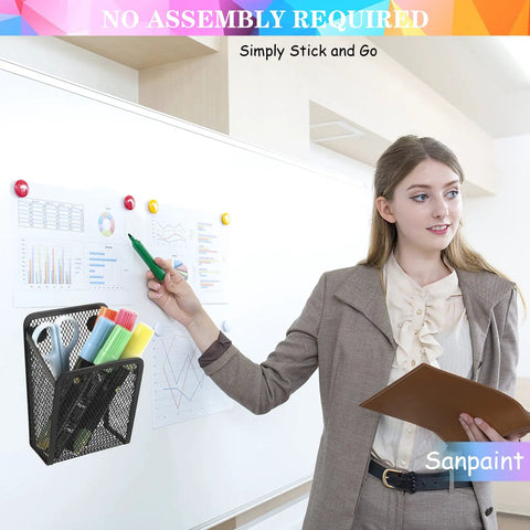 Magnetic Pencil Holder Mesh Stainless Steel Pen Basket Storage Organizer For Whiteboards And Blackboards Home Office Kitchen Locker And Cubicle Desks Everywhere attached to a whiteboard holding markers.