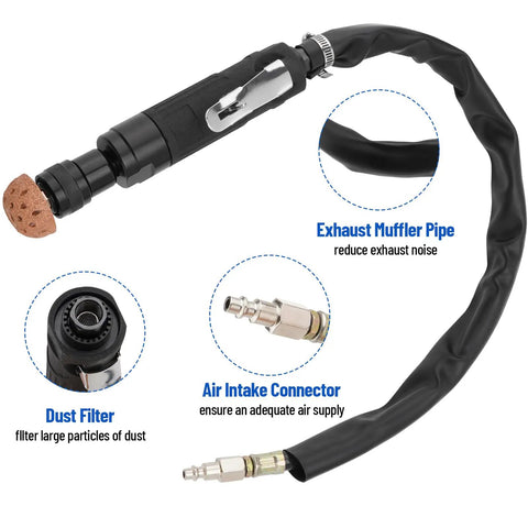 Air Tire Repair And Polishing Kit with Low Speed 2500 RPM Buffer, exhaust muffler pipe, dust filter, and air intake connector.