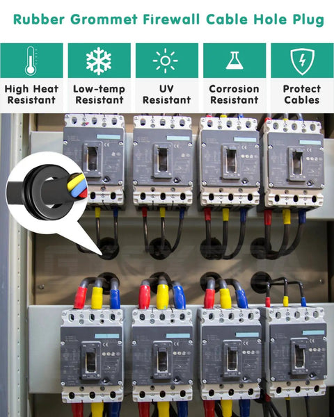 Rubber Grommet Kit 125 Pieces In Eighteen Sizes For Wiring And Automotive Firewall Protection installed in electrical panel