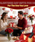 Couple exchanging gifts on Valentine's Day in a decorated living room with red roses, balloons, and a gift box with LED work light.