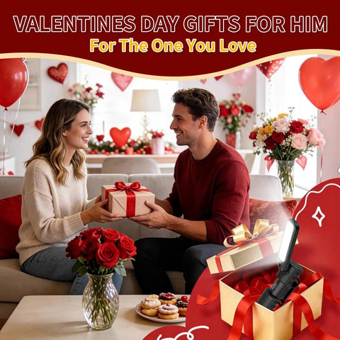 Couple exchanging gifts on Valentine's Day in a decorated living room with red roses, balloons, and a gift box with LED work light.