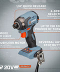 Cordless 20-Volt Max 1/2-Inch Hammer Drill Driver And 1/4-Inch Impact Driver Power Tool Combo, front view showing features and buttons.