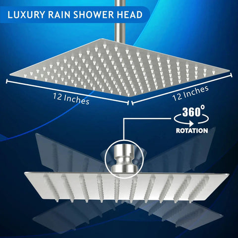 High Flow 12 Inch Rain Shower Head With Stainless Steel Square Waterfall Design for full body coverage, brushed nickel finish