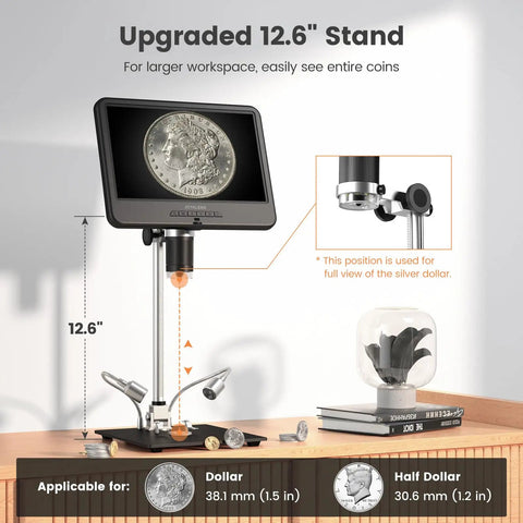 10.1 Inch Digital Microscope For Adults With 1080p Video And 12MP Imaging, 8 LED Illumination, Coin Magnifier For Error Coins, Soldering Electronics Microscope, Metal Stand, PC View, 32GB Storage, 12.6-inch stand for coins