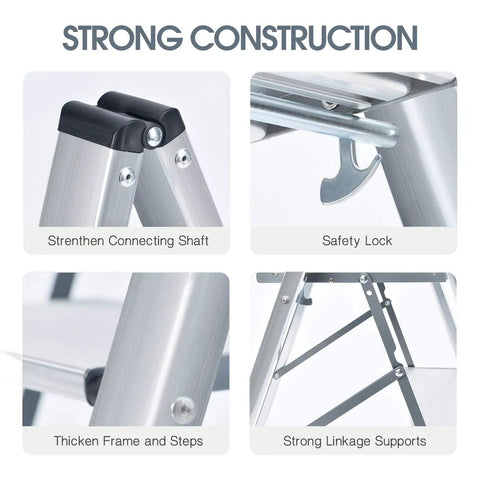 Aluminum 3 Step Folding Ladder Lightweight Portable Slim Step Stool 330 Lb Capacity Multi Function Safety Stepladder Rust Resistant And Grab And Go Easy To Store Silver close-up of safety lock and reinforced frame