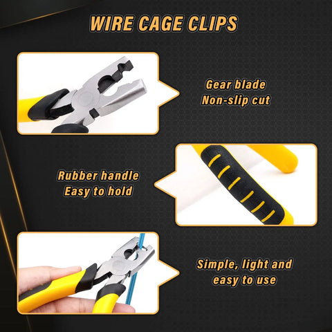 900 Pcs Rabbit And Chicken Wire Cage Clips With Fence Pliers shown with rubber handle and gear blade for non-slip cutting.
