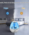 Ultrasonic humidifier in bedroom for day and night use, showcasing mist with Demineralization Cartridge Filters For Ultrasonic Humidifiers, 10 Pack Decalcification Cartridges To Stop Hard Water Build Up, Easy Replacement For HE CM Series And More, No Fuss Mist Keeps Units Running Smooth.