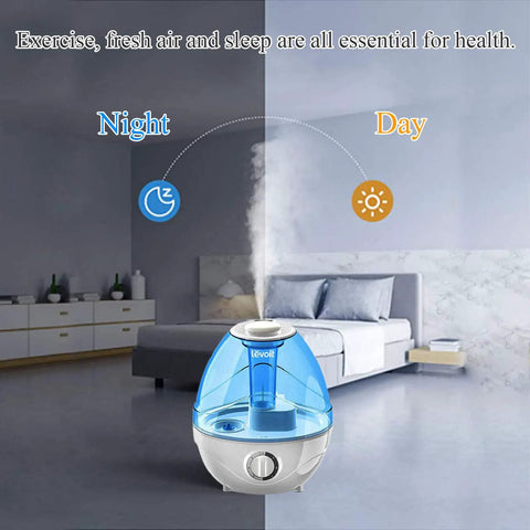 Ultrasonic humidifier in bedroom for day and night use, showcasing mist with Demineralization Cartridge Filters For Ultrasonic Humidifiers, 10 Pack Decalcification Cartridges To Stop Hard Water Build Up, Easy Replacement For HE CM Series And More, No Fuss Mist Keeps Units Running Smooth.
