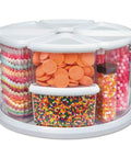 Rotating Craft Organizer Carousel With Nine Removable Canisters And Clear Lids, Grab And Go Access, showing colorful supplies