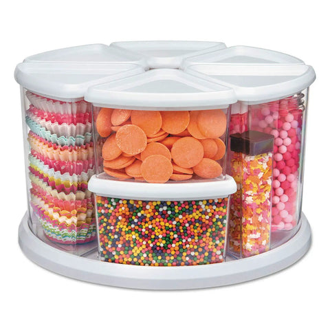 Rotating Craft Organizer Carousel With Nine Removable Canisters And Clear Lids, Grab And Go Access, showing colorful supplies