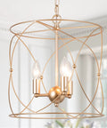 Gold Pendant Light With Cylindrical Lattice Cage Frame And Spherical Center Three Gold Candelabra Arms Bold Modern Farmhouse Vibe