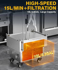 PYY Commercial Fryer Oil Filter Machine 18L Tank showing high-speed 15L/min filtration and large capacity stainless steel design.