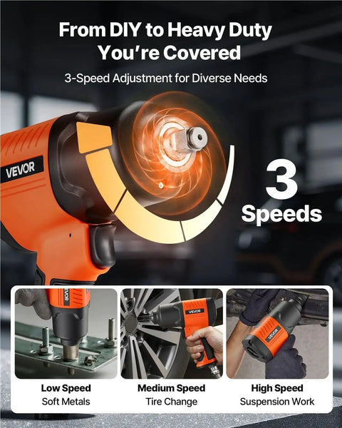 Kick Butt 1/2 Inch Drive Pneumatic Impact Wrench Delivers 1100 Ft Lbs Of Raw Torque At 7500 Rpm Featuring 4 Speed Control Settings For Knocking Loose Stubborn Lug Nuts Rapidly, showcasing 3 speed adjustments for different tasks.