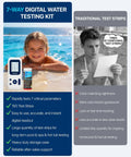 Digital Pool And Spa Water Test Kit Featuring 7 In 1 Chemistry Analysis showing girl enjoying water, digital reader, and test strips.