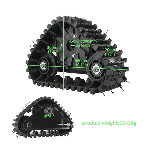Pair Of 23 Tooth Spline Rear ATV Tracks For Go Kart UTV And Quad Beefed Up For Snow Sand Mud Off Road Performance Replacement Track Assembly In Black For Maximum Traction And Flotation On Any Terrain, side view with measurements