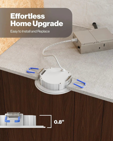 6 Pack 4 Inch Ultra Thin LED Recessed Ceiling Lights With Canless Wafer Junction Box shown on counter, easy to install.