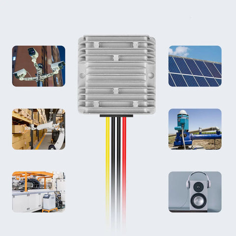 20A 240W DC-DC Step-Down Converter From 24V/36V/48V To 12V For Golf Carts with applications shown in background images