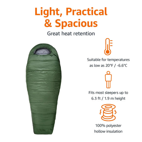 Cold Weather Mummy Sleeping Bag For Hiking And Camping With No Snag Zipper 20 Degree Temperature Rating Portable 82 Inches By 33 Inches Olive Green Durable Polyester Shell And Soft Brushed Tricot Liner