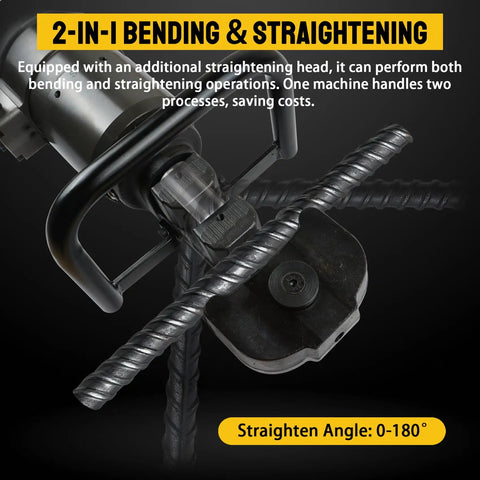 Heavy Duty 1800W Electric Hydraulic Rebar Bender Straightener With Portable Toolbox shows 2-in-1 bending and straightening tool on rebar.