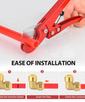 Installation steps for Six Pack Push Fit One Half Inch Elbow Fittings showing tool, red pipe, and brass fitting.