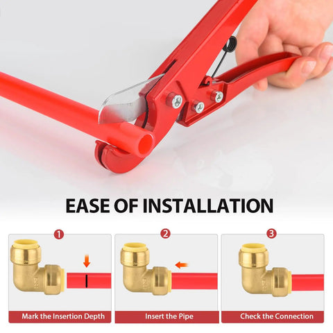 Ease of installation for 100 Pack 3/4 Inch DZR Brass Push Fit Elbow Fittings For Pex Copper CPVC Pipe connections.