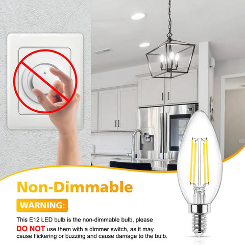 60W Equivalent LED Filament Candelabra Bulbs E12, Daylight White 5000K, image showing non-dimmable warning in kitchen setting