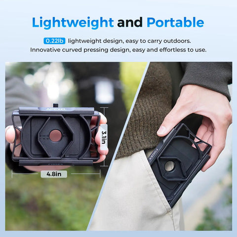 Hand holding 360 Degree Rotating Telescope Phone Adapter For Android And iPhone, lightweight portable mount easily fitting in pocket.