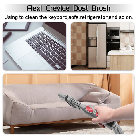 Must Have Four Piece Replacement Vacuum Attachment Kit For Dyson V6 and Other Cordless Vacuums includes flexible crevice tool cleaning sofa