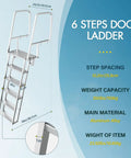 Flip Up Dock Ladder For Boats And Docks, 4 Steps, 350 Lbs Capacity, Wide Non Slip Aluminum Steps, Lightweight Durable Marine Stair With Easy Fold Up For Easy Access On Deck Or Pier. 6-step aluminum dock ladder with dimensions shown