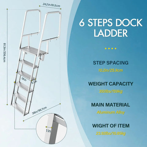Flip Up Dock Ladder For Boats And Docks, 4 Steps, 350 Lbs Capacity, Wide Non Slip Aluminum Steps, Lightweight Durable Marine Stair With Easy Fold Up For Easy Access On Deck Or Pier. 6-step aluminum dock ladder with dimensions shown