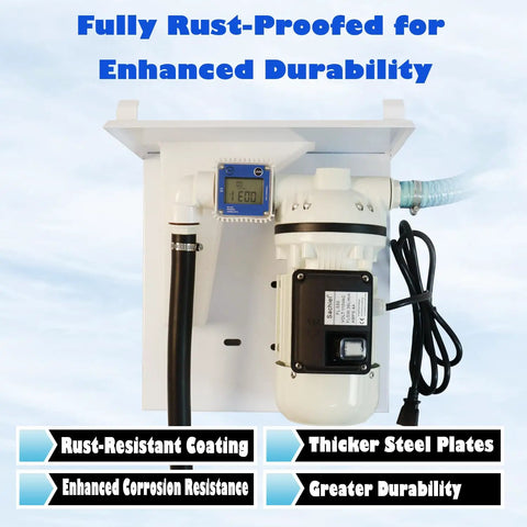 Workhorse 110 Volt Def Transfer Pump Kit 10 Gpm Self Priming Diaphragm Pump showing rust-proof design and flow meter.