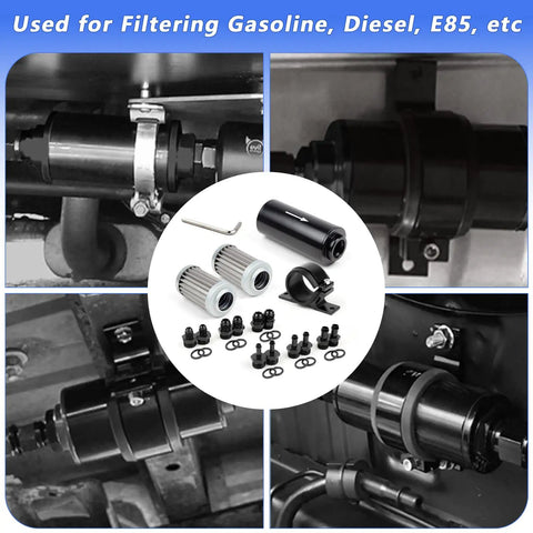 Plug And Play 10 Micron Inline Fuel Filter Kit With 6AN 8AN 10AN Adapters, One Half Inch Barb Fittings, installation kit shown