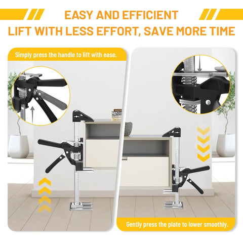 Two Pack Labor Saving Arm Jack demonstrating lift mechanism with handles, 15 Inch Furniture Lifter Tool for DIY Installations