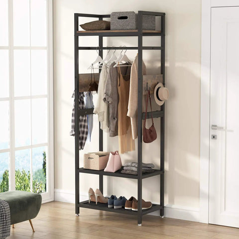 Robust Set Of 10 Heavy Duty Clothes Rack With Shelf And Hanging Rod in compact design, featuring clothes, bags, and shoes.
