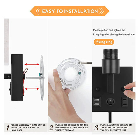 Installation guide for Plug In Wall Sconces With Bulbs Two Pack USB Port And Outlet Black Wall Lamps for easy mounting.
