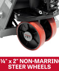Pallet Jack 16 Inch By 36 Inch Low Profile Load Lift With 5500 Lb Capacity showing close-up of non marking polyurethane wheels