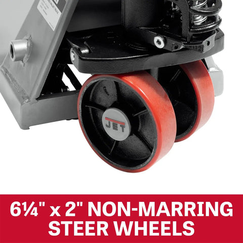 Pallet Jack 16 Inch By 36 Inch Low Profile Load Lift With 5500 Lb Capacity showing close-up of non marking polyurethane wheels