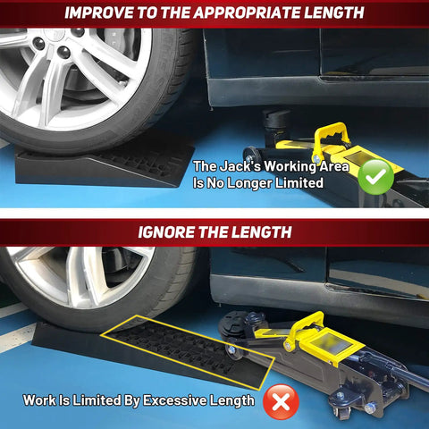 Beefy Heavy Duty Car Ramps For Lift And Maintenance, showing tire on low profile ramp with jack support, garage setting