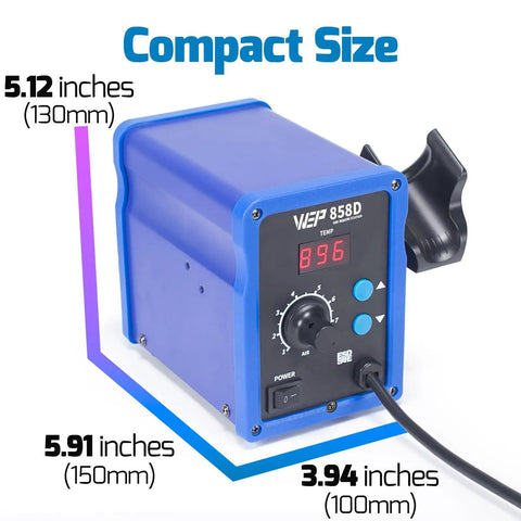 Hot Air Rework Soldering Station With Temperature Control And Adjustable Air Flow, Digital Display, compact size measurement