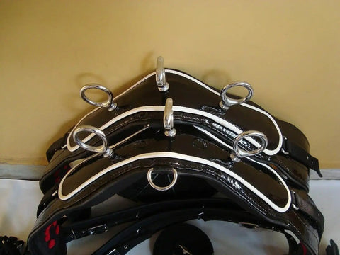 Built To Last Black Nylon Double Horse Cart Driving Harness With White Piping Cob Size featuring chrome plated buckles