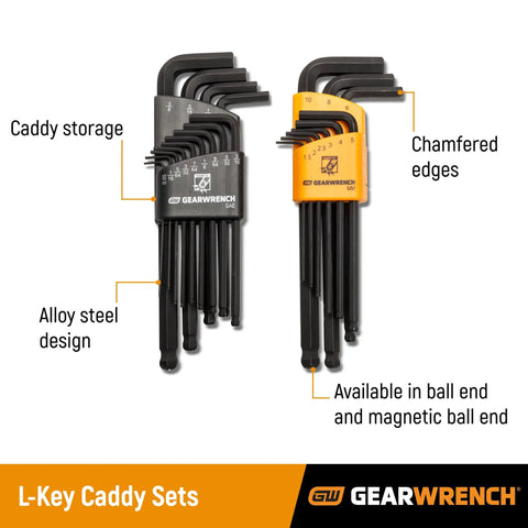 13 Piece Long Ball End SAE Hex Key Set With Chamfered Edges For Easy Insertion And 25 Degree Access shown in caddy storage