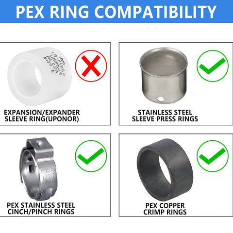 Chart showing PEX ring compatibility with stainless steel press rings, PEX stainless cinch rings, and copper crimp rings.