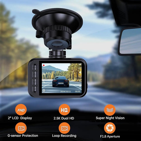 Front And Rear Dash Cam 2.5K Dual Car Camera with 2560x1440 Front And 1080P Rear Night Vision mounted on windshield