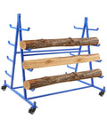 Heavy Duty Mobile Cantilever Storage Rack With Rugged Wheels, 5 Tier Double Side Pipe Lumber Organizer, 500 Lb Rolling Industrial Cart Keeps Workspaces Squared Away with logs on it.